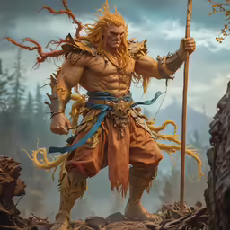 a statue of an animal holding a staff in front of a forest