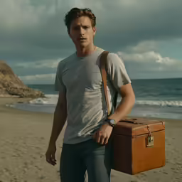 a man is carrying a suitcase on the beach