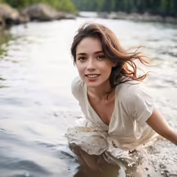 an attractive young lady kneeling in the water