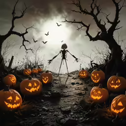 a creepy place with pumpkins in it and a camera set up
