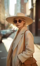 the woman is wearing a beige hat and a coat