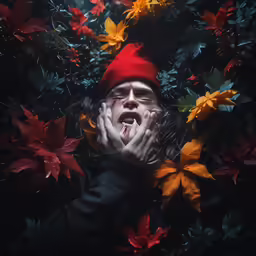 a man with a creepy expression sticking out his tongue in leaves