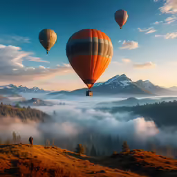 a mountaintop view with a bunch of balloons flying in the air