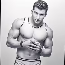 a shirtless man standing next to a wall holding his hand in his pocket