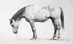 a black and white photo of a horse on the floor