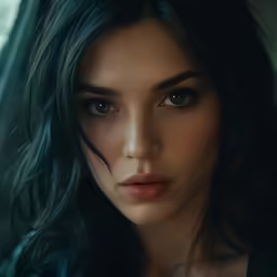 a young lady with long dark hair looking directly into the camera