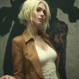 a woman with short hair and no top stands in front of a painting