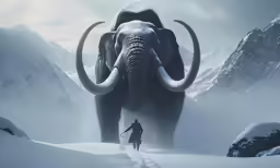 an elephant with long tusks in the snow