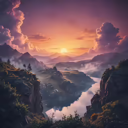 a painting of mountains and water with clouds at sunset