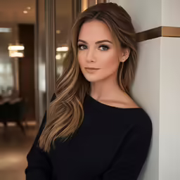 a woman in black shirt leaning against a white wall