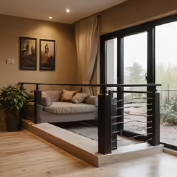 a black iron stair railing with wooden floor