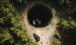 a couple of people standing in front of a cave