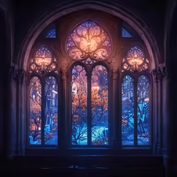 a window with intricate glass and windows and an arched doorway