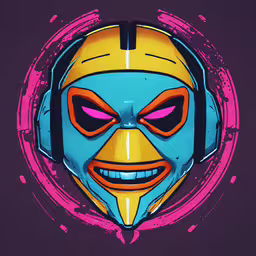 a blue man with headphones on and one has his face painted,the head of an alien with headphones on is pictured