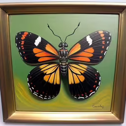 a large butterfly with an orange and black stripe on the wings,a painting of a butterfly on a green wall