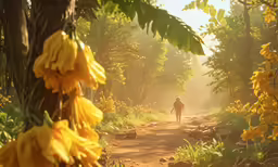 a man riding his bike through a forest