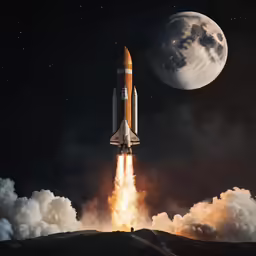 a rocket is flying past the moon in the sky