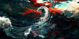 water swirls with red and blue colors in this artistic painting