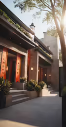 the front entrance to a luxury house at sunset
