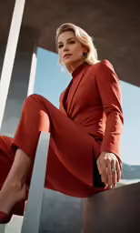 woman posing wearing a red suit sitting on concrete pillar