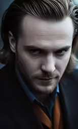a man with long hair wearing a dark suit and tie