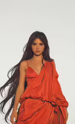 a girl is wearing a very large red dress