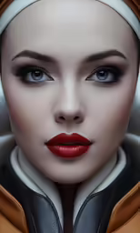 a woman with black and white hair and a red lips