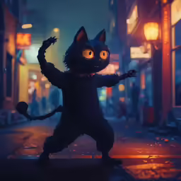 a furry, cartoon - like cat stands in a nighttime scene