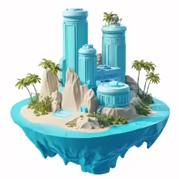 a small island with trees and blue buildings