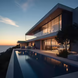 a very modern house by the ocean at night