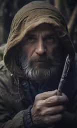 a man in a brown hoodie holds a knife