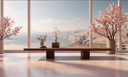 flowers sitting on a table in front of big windows