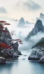 mountains, trees and water with some clouds