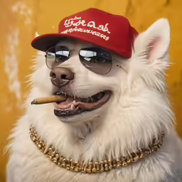 a white dog with a red hat, glasses and cigar in his mouth
