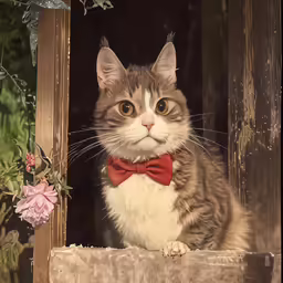 a gray and white cat with a red bow tie