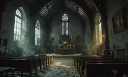an empty church with several pews and two stained glass windows