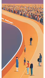 people standing on the edge of an olympic stadium looking at the athletes,a group of people are walking around an orange track