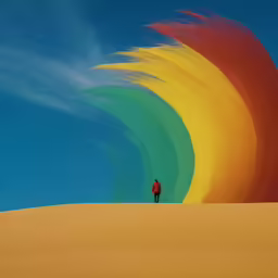 a man stands on a sandy area, surrounded by an array of colors