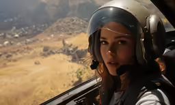 a woman wearing a motorcycle helmet in the cockpit of a jet