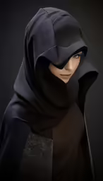 a woman in black clothing with a hood