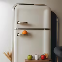 a refrigerator sitting on a floor next to a coffee pot