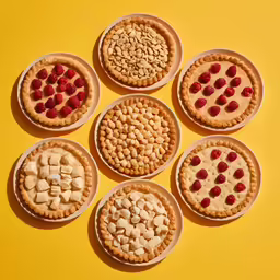 a collection of pies sit on top of a yellow surface