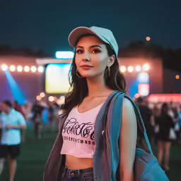 a woman standing in front of a crowd with lights on