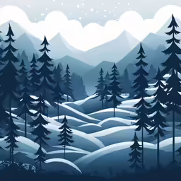 winter night scene with snow covered mountains and evergreen trees