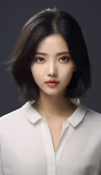 a young woman wearing white is staring at the camera,an asian woman with short black hair and a white shirt