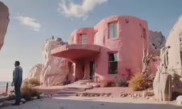 a man standing outside of a house covered in rocks