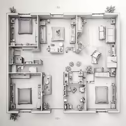 a large white floor plan with lots of furniture