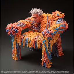a sculpture of an old man made from plastic yarn