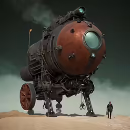 a mechanical man walking towards a large mechanical, steam powered piece of art