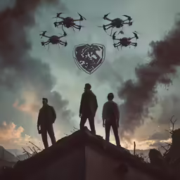 two people standing on top of a rooftop with several flying devices